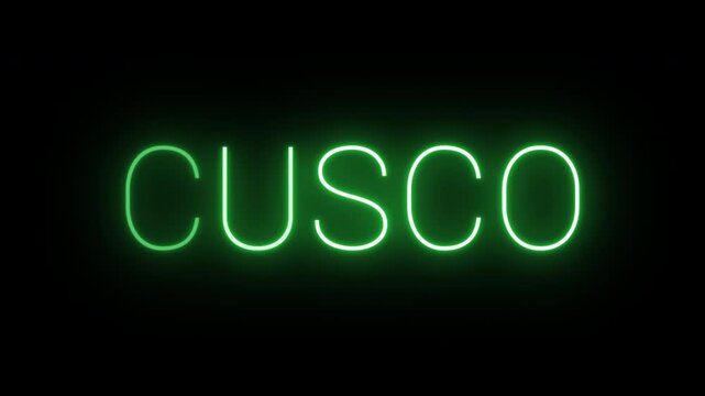 Flickering neon green glowing cusco sign animated black background.