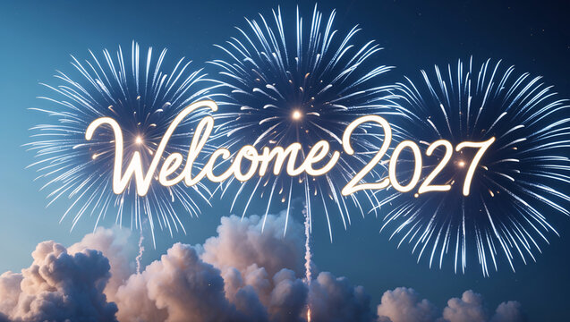 Fireworks exploding in the night sky with welcome 2027 text