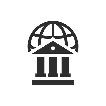 Global banking and international finance icon. Bank building with globe symbol. Monochrome black and white symbol