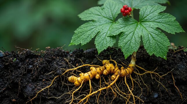 Goldenseal plant cross-section revealing bright yellow knotted rhizome root system in dark forest soil with broad serrated leaves and red berry cluster above