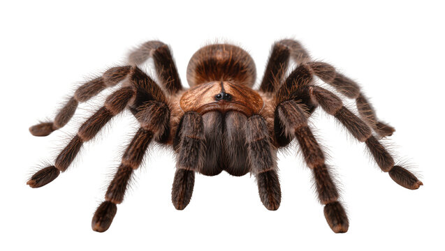 Fluffy brown tarantula spider with hairy legs, isolated on transparent background