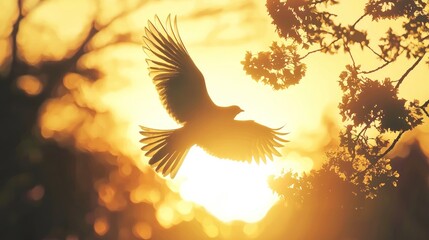 Obraz premium A silhouette of a bird flying against the golden glow of the setting sun.