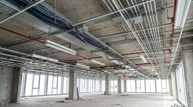 Modern commercial building interior with exposed ceiling electrical installation