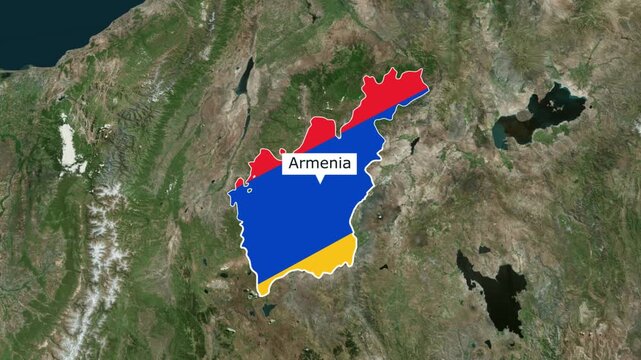 Armenia Map Overlay: A satellite view of the Earth's surface with a colorful map overlay highlighting the borders and national flag colors of Armenia.