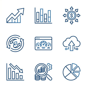 Collection of business and finance icons representing growth and analysis.