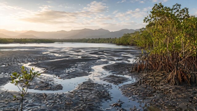 mudflats. Mangrove estuary at low tide with mudflats and water channels. travel magazines, destination branding, designed for travel destination branding and outdoor magazines and nature guides.