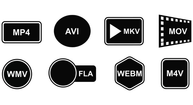 Video File Format Icons Flat Black Symbols On White Background