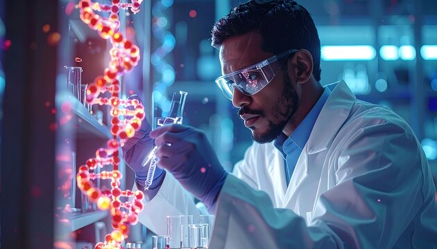 Focused Male Scientist Handling Sample Beside Glowing Dna Model in Futuristic Laboratory