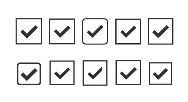 Grid of black checklist icons showing checked boxes with square and rounded corners on a plain white background.