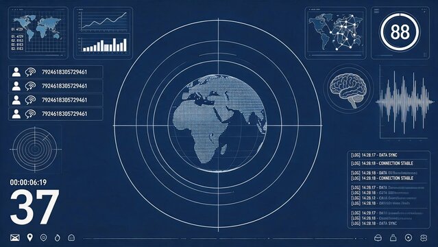 Futuristic blue digital dashboard interface displaying global earth map, radar, graphs, user data logs, brain scan, and connection status. Concept of cybersecurity, big data