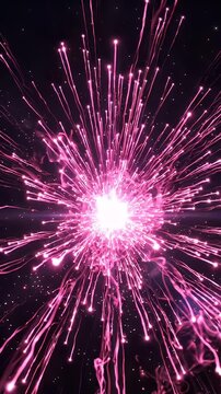 Pink Energy Burst Abstract Background - A bright white central core erupts with numerous glowing pink energy fibers that radiate outwards against a dark background.