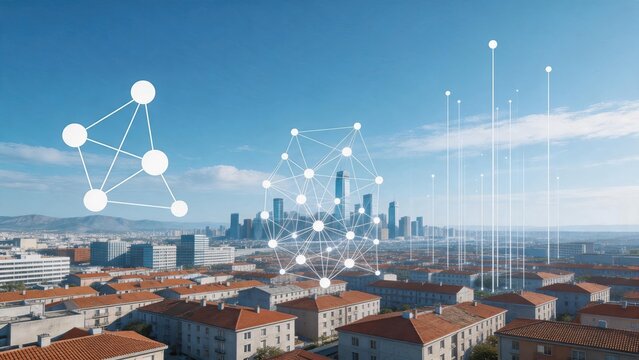 Smart city IoT network connection concept, urban infrastructure digitalization, wireless communication towers, data transmission lines, modern metropolis skyline with integrated