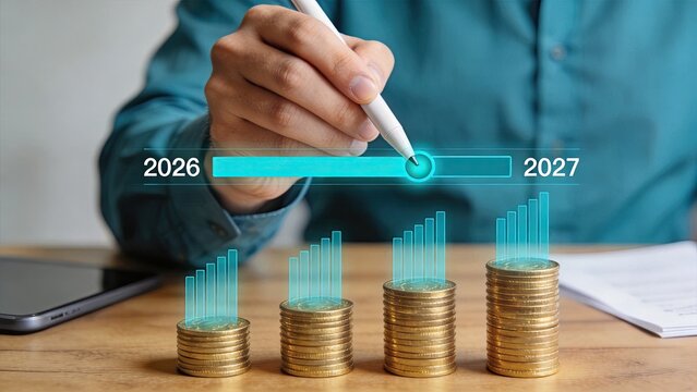 Financial growth concept with stacks of gold coins and rising bar graphs, timeline slider set between 2026 and 2027, investment planning, economic forecast and wealth accumulation