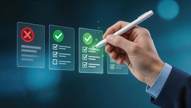 Hand using stylus pen to check items on futuristic digital checklist interface, representing task completion, quality control verification, approval process, and project