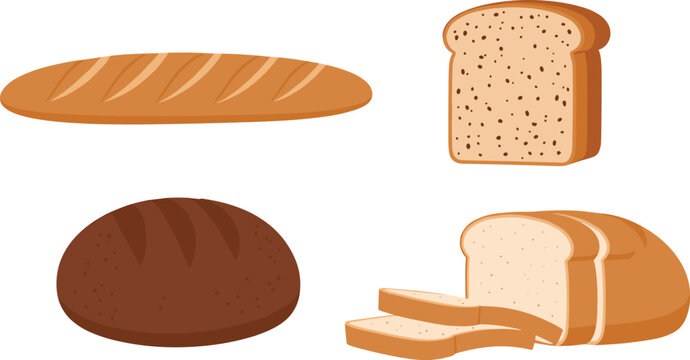 Fresh bakery bread loaves and slices vector illustration set featuring baguette whole grain rye and sliced white bread for food menu design.