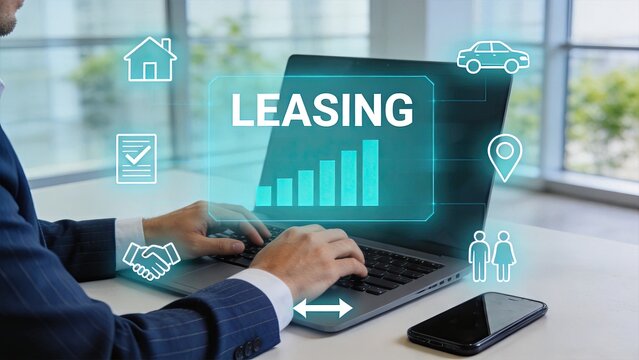Business leasing concept with digital interface showing growth chart and icons for home car contract on laptop screen in modern office environment