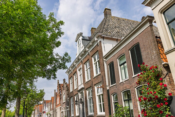 Obraz premium Edam, Netherlands. Low angle view showcasing traditional brick house facades, classic tiled roofs, and lush green tree leaves under a bright sky.