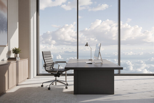 Executive office with desk and large window overlooking clouds executive workspace