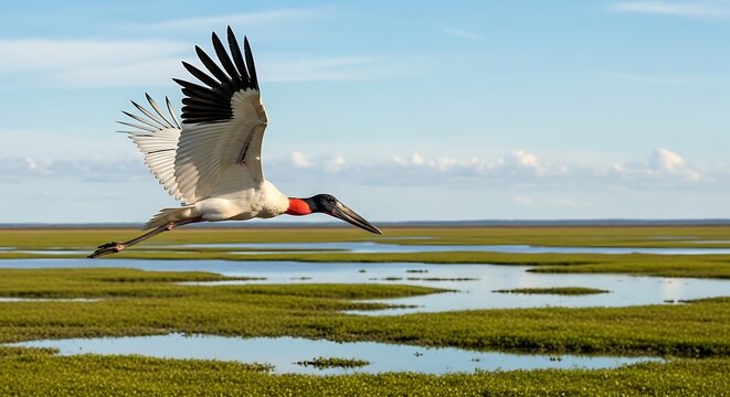 Large Jabiru Stork Flying Over Green Wetland Marsh Under Blue Sky