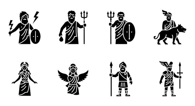 Greek Gods and Goddesses Icons, Olympian Pantheon Vector Set, Mythology Characters Collection, Ancient Greece Deity Symbols