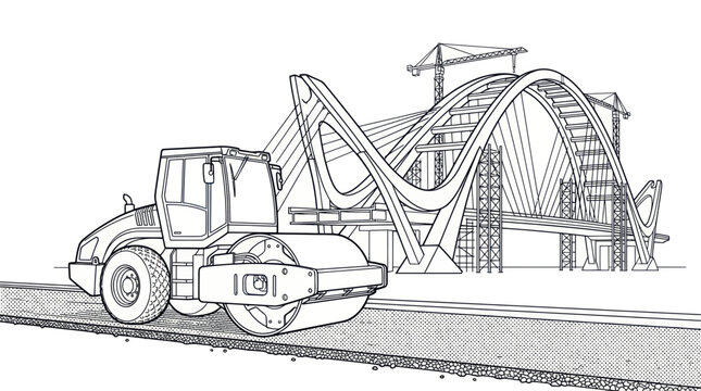 Road Roller Compacting Ground Near Modern Bridge Construction Site