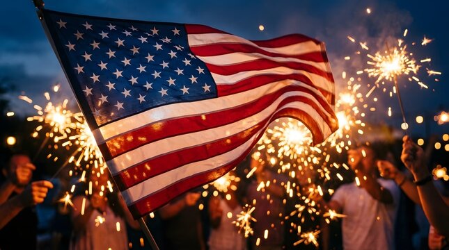 American flag waving with fireworks at night