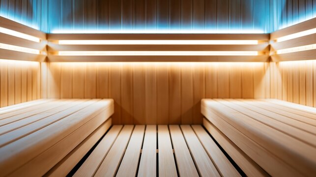 Bright wooden sauna interior creating a luxury wellness space, featuring clean benches and inviting ambiance with warm lighting