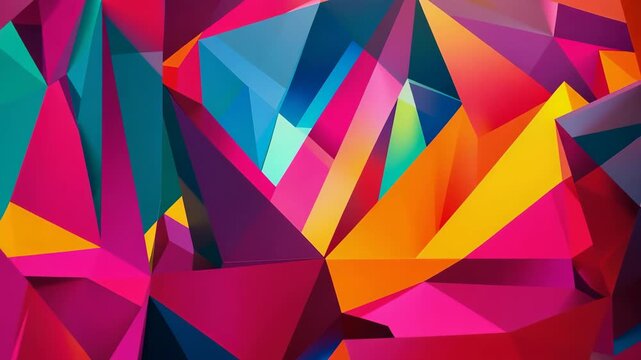 Abstract low poly animation with vibrant, colorful, and glossy geometric shapes rotating in a seamless looping motion background perfect for modern design projects