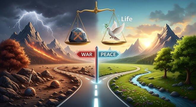 Symbolic Scales Balancing War and Peace Over Divided Mountain Road Landscape