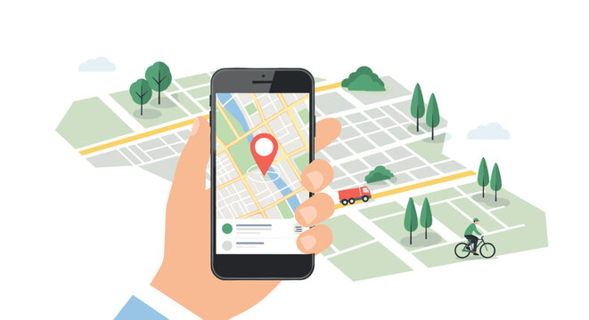Human hand holds a modern smartphone showing a detailed GPS city map with location pin, guiding travel routes and city transit.