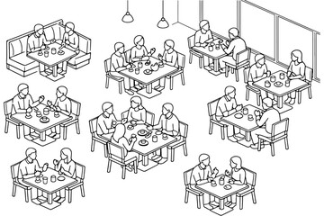 Obraz premium Restaurant Dining Groups Isometric Outline Illustration
