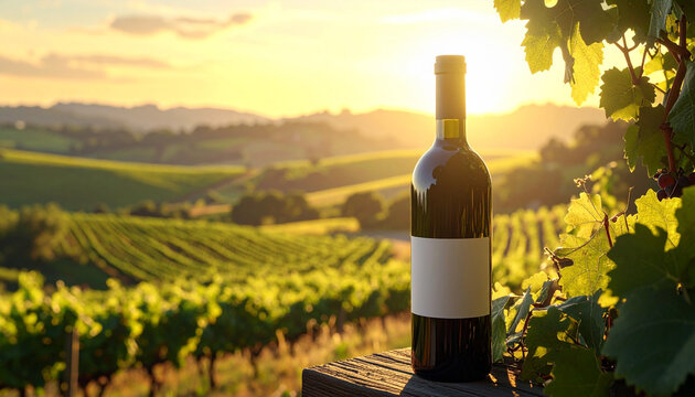 Wine Bottle Over Vineyard Hills