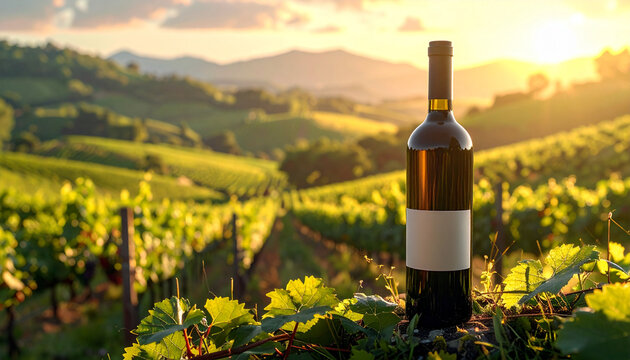 Wine Bottle in Vineyard Sunset