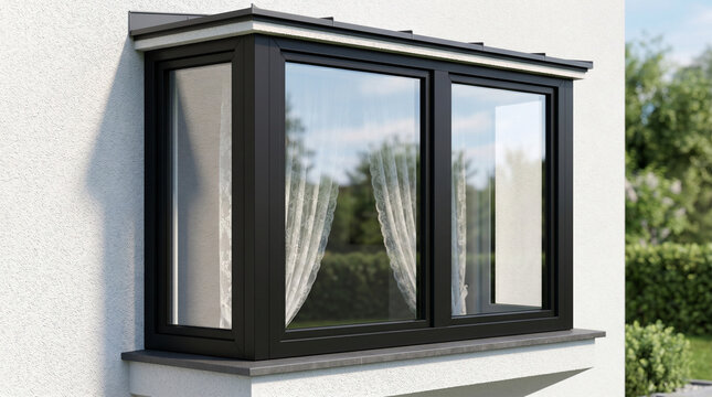 Elegant Black Bay Window with White Lace Curtains on a Modern House Wall