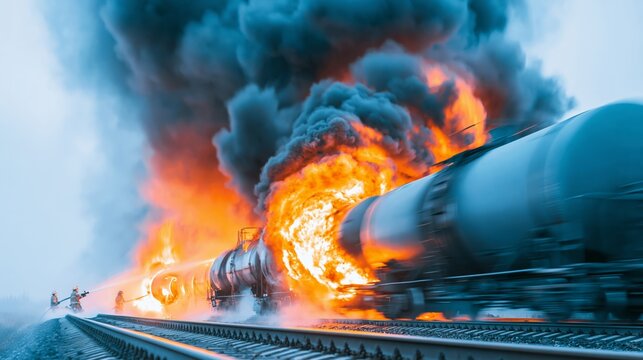 Firefighters actively spraying water on burning tanker train cars after a derailment, creating a hazardous emergency scene