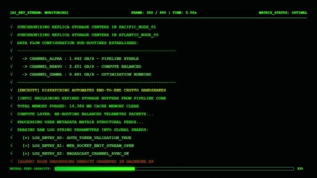 AI Network Stream Terminal Live Data Monitoring Encryption Animation.