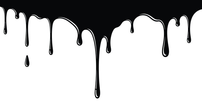 Black paint or ink liquid dripping down from the top edge of a clean white background in hand-drawn style.