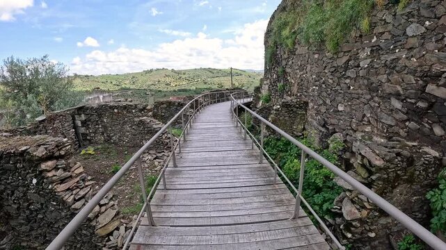 wooden walkway surrounding the castle of Freixo de Espada &agrave; Cinta, province of Tr&aacute;s-os-Montes and Alto Douro, district of Bragan&ccedil;a, Portugal