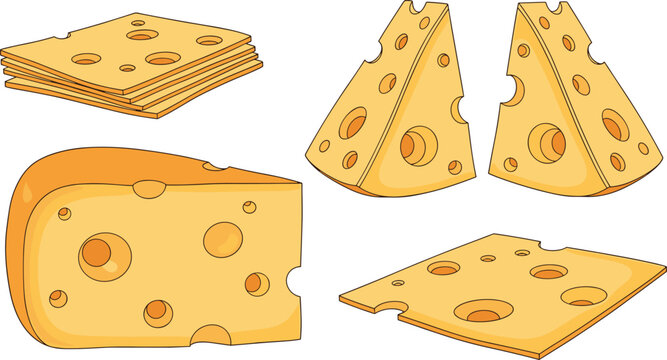 Yellow swiss cheese thin slices wedges and blocks vector illustration set featuring gourmet dairy products for culinary graphic menu design.
