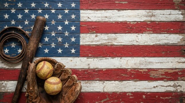 Vintage Baseball Equipment on Distressed American Flag Background.