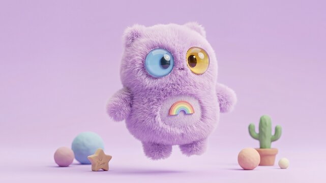 Cute fluffy toy creature with colorful eyes and rainbow patch on purple background