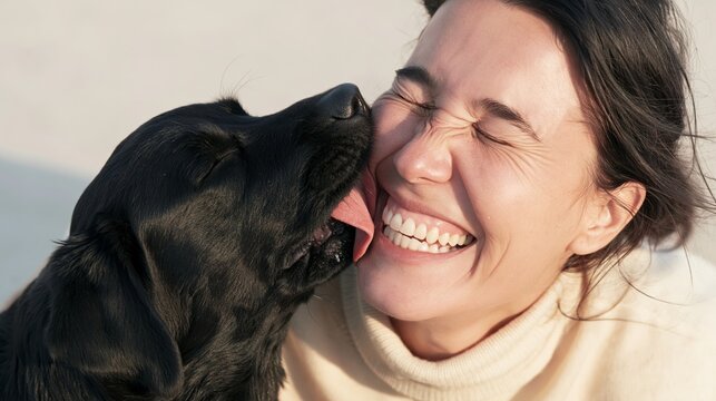 Happy woman receiving playful licks from a black dog, expressing pure joy and the strong connection of pet friendship