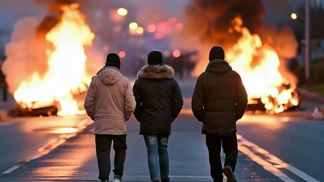 Immigrant protest and civil unrest in urban city street, documentary-style scene showing public demonstration, crowd tensions, law enforcement presence and social conflict in metropolitan environment