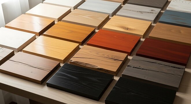 Assorted Wooden Finish Samples Arranged on Table in Interior Design Showroom