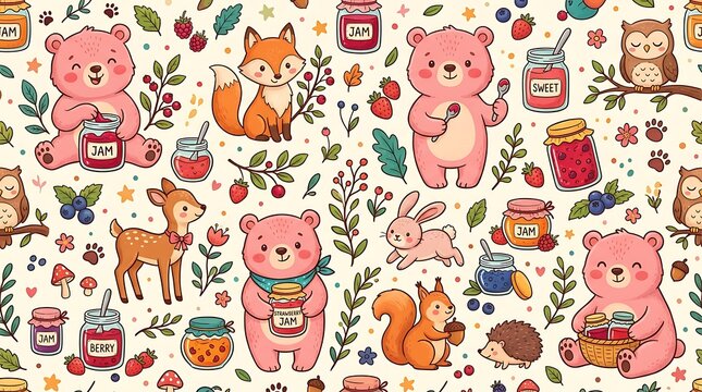 Cute Woodland Animals Arranged with Jam Jars in Whimsical Seamless Pattern