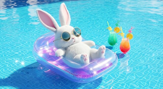 Cute white bunny relaxing on an inflatable pool float with tropical drinks