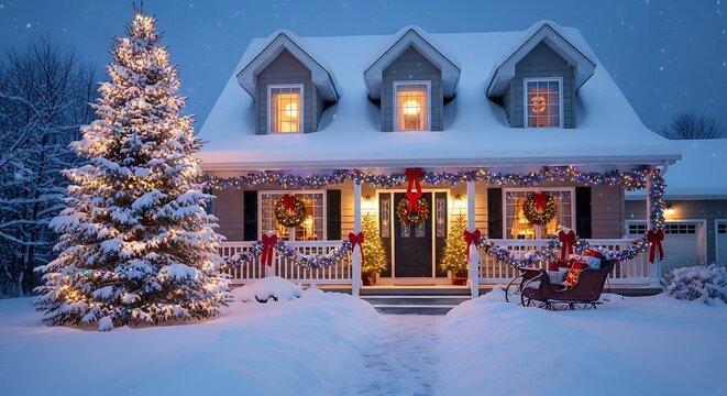 Cozy Snow Covered Christmas House Glowing with Holiday Lights in Winter Evening