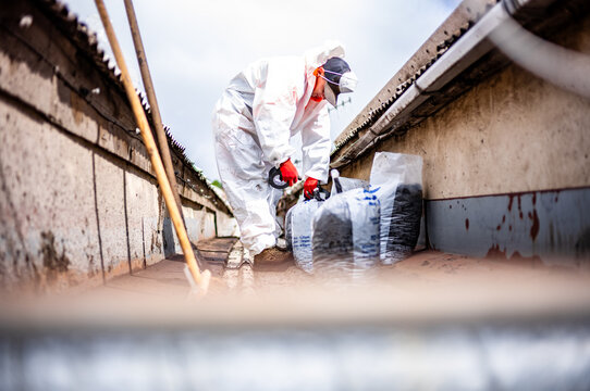 asbestos removal from a narrow alley worker wear hazmat clothing to protect him from hazardous materials 