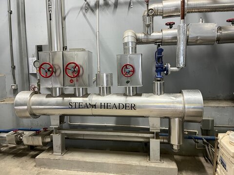 Steam utility equipment and distribution pipelines inside a food manufacturing facility. Industrial infrastructure supporting process heating, steam generation, and production operations.