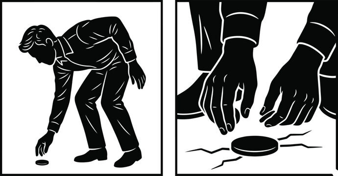 Knife Action Illustration with Black Silhouettes of Person Bending Over a Table